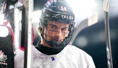 Mathis Preston with Hockey Canada&rsquo;s national men&rsquo;s under-18 team in the world championships in Slovakia in April 2026. The Penticton-born forward could be taken in Round 1 of the NHL draft on June 26. (Vancouver Giants/Special to Langley Advance Times)
