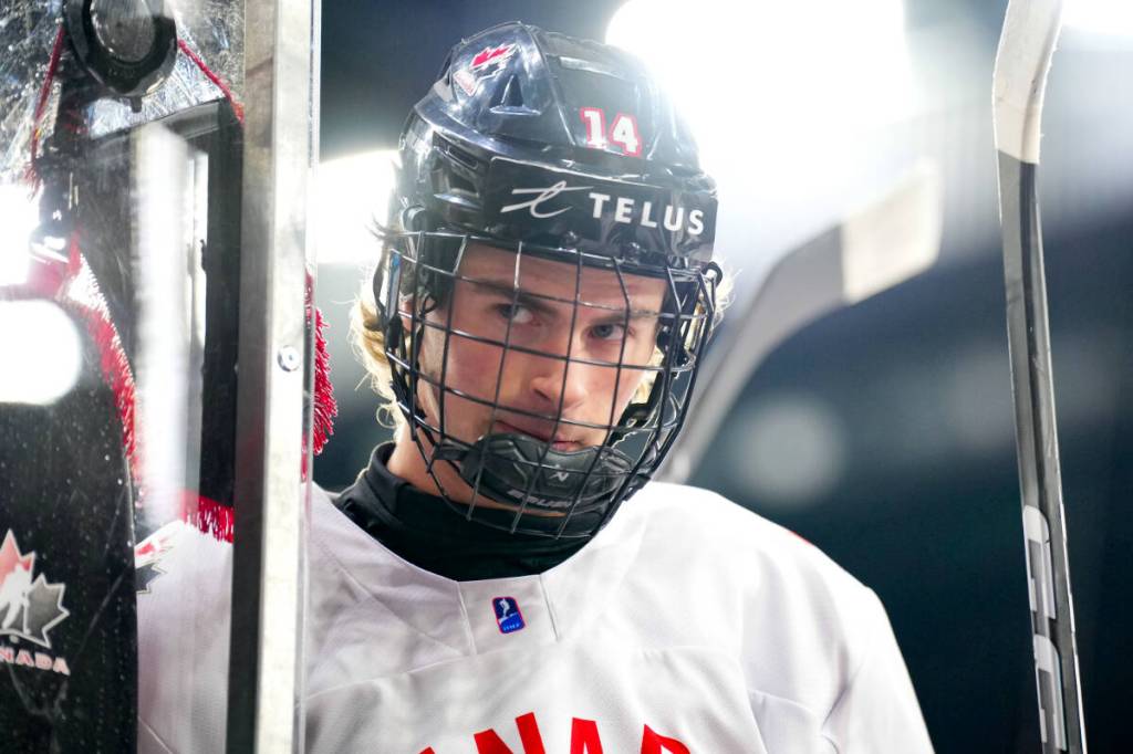 Mathis Preston with Hockey Canada&rsquo;s national men&rsquo;s under-18 team in the world championships in Slovakia in April 2026. The Penticton-born forward could be taken in Round 1 of the NHL draft on June 26. (Vancouver Giants/Special to Langley Advance Times)