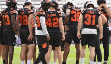 The BC Lions defensive line hits the gridiron in Kelowna on Friday morning (Brayden Ursel/Black Press)
