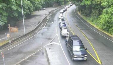 Northbound traffic snarls outside Goldstream Provincial Park after a collision Friday afternoon, June 26. (Drive BC)