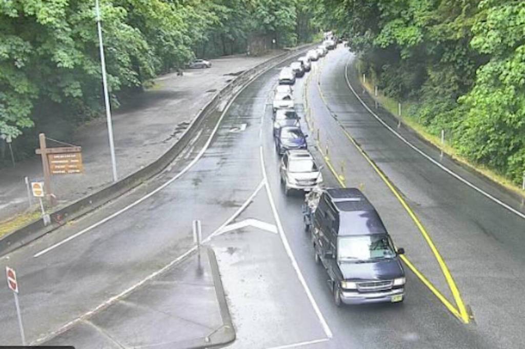 Northbound traffic snarls outside Goldstream Provincial Park after a collision Friday afternoon, June 26. (Drive BC)