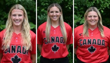 Surrey&rsquo;s Kianna Jones, left, Grace Messmer and Sara Groenewegen are all on Team Canada&rsquo;s roster at this year&rsquo;s Canada Cup International Softball Championship, which happens at Softball City starting Friday (July 3). (Contributed to Peace Arch News)