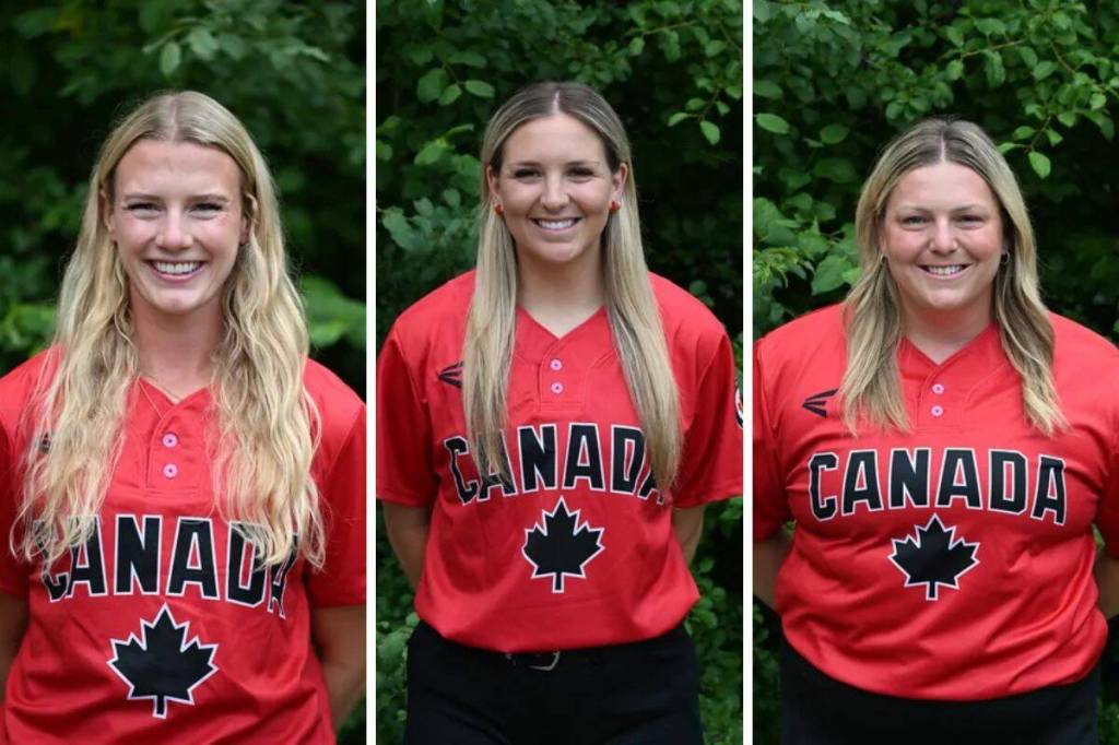 Surrey&rsquo;s Kianna Jones, left, Grace Messmer and Sara Groenewegen are all on Team Canada&rsquo;s roster at this year&rsquo;s Canada Cup International Softball Championship, which happens at Softball City starting Friday (July 3). (Contributed to Peace Arch News)