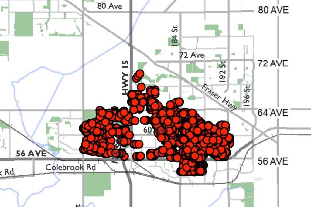 Area in Cloverdale earmarked for upgrading 1,003 streetlights. (Map surrey.ca)
