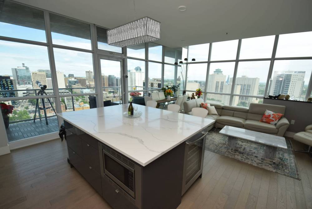 Looking out at the cityscape from the kitchen is a jaw-dropping experience.