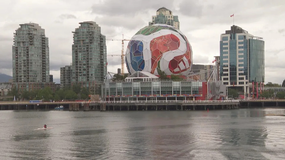 Vancouver's Science World seen with a soccer ball wrap for the FIFA 2026 World Cup on Friday, June 5, 2026.