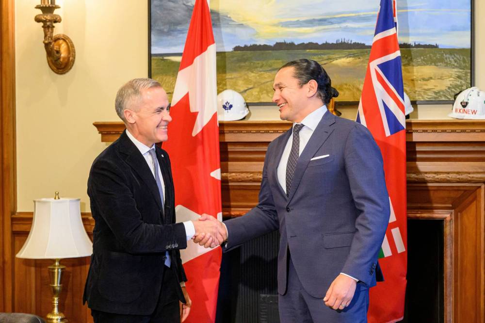 Mike Sudoma/Free Press Files
Prime Minister Mark Carney and Manitoba Premier Wab Kinew during a visit to the Manitoba Legislature, last November.