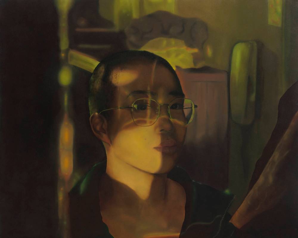 Joel Nichols’ In Our Borderlands (oil on canvas) was inspired by his time in an Oxford dorm room where Nichols and his colleagues would cook and watch movies together.