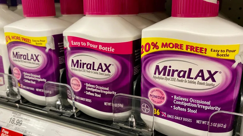 San Jose, CA - November 29, 2019: MiraLAX unflavored powder relieves constipation and softens stool. White bottle with pink cap.