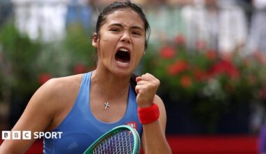 Emma Raducanu reacts to winning a point during her Queen's defeat by Donna Vekic