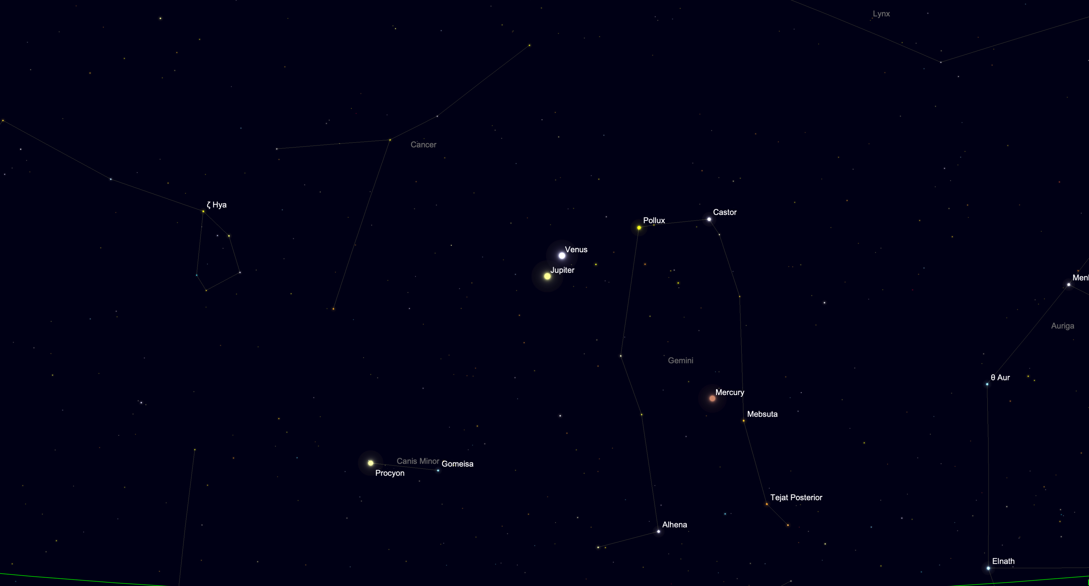 night sky image showing the location of venus and jupiter close together in the night sky.