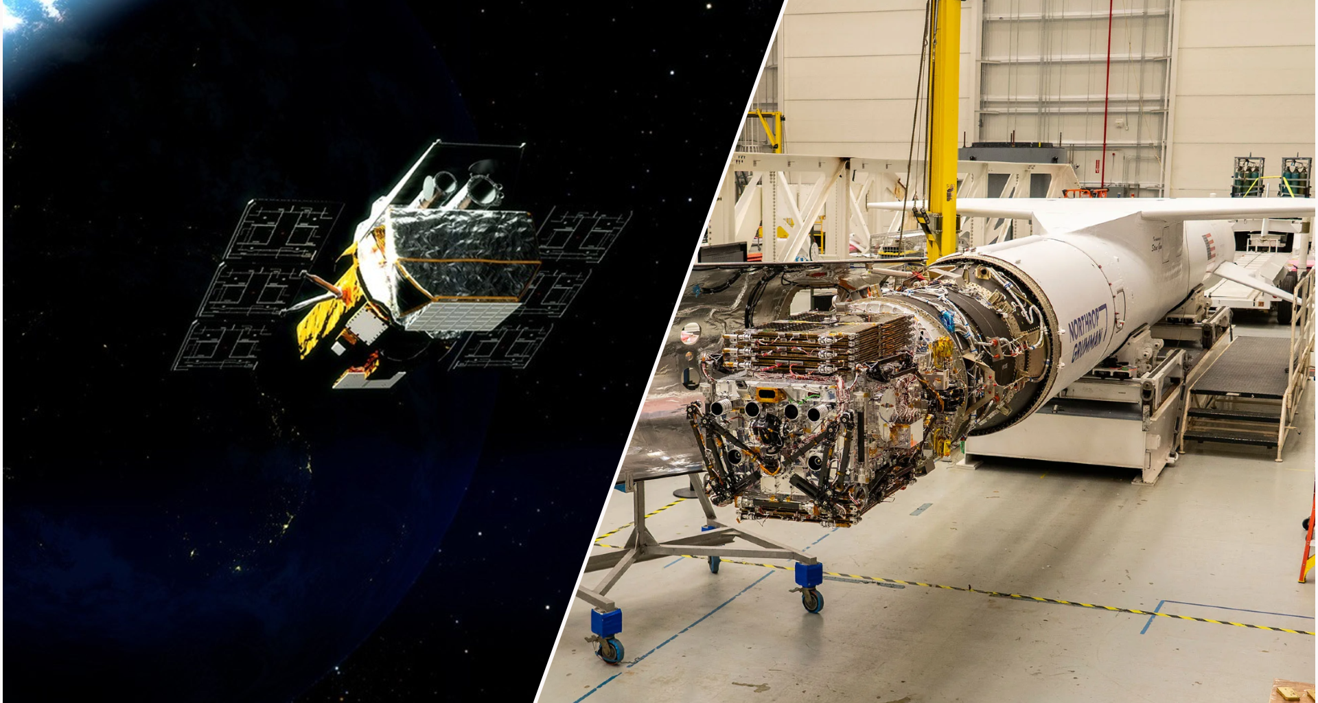 A split image of NASA's Swift observatory in orbit and the Katalyst spacecraft that will save it from falling out of space.