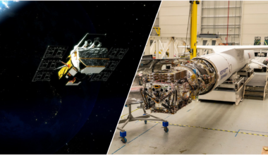 A split image of NASA's Swift observatory in orbit and the Katalyst spacecraft that will save it from falling out of space.