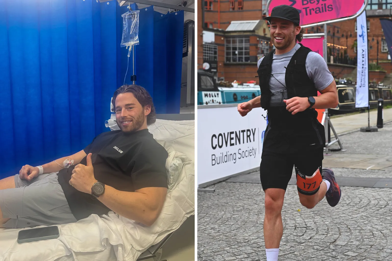 From left: Niven Hopkins pictured on his first day in hospital, and running the 2026 London Marathon.