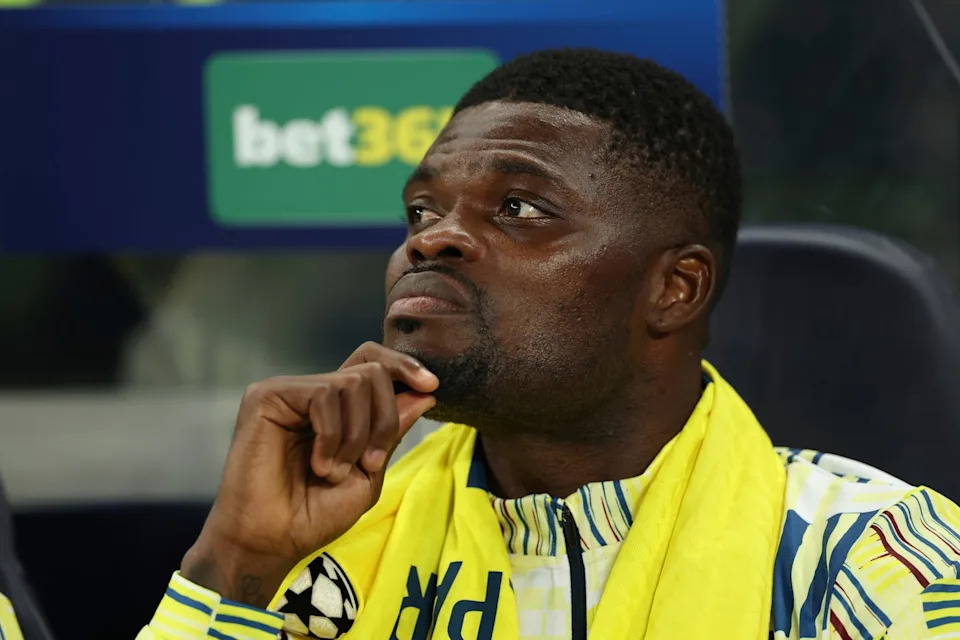 FILE — Villarreal's Thomas Partey sits on the bench during the Champions League soccer match between Tottenham and Villarreal in London, Tuesday, Sept. 16, 2025. (AP Photo/Ian Walton, File)