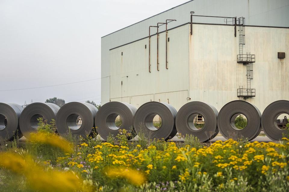 Rolled coils of steel sit in the yard at Algoma Steel Inc., the second largest steel producer in Canada, in Sault Ste. Marie, Ont., on Friday, July 25, 2025. THE CANADIAN PRESS/Nick Iwanyshyn - The Canadian Press