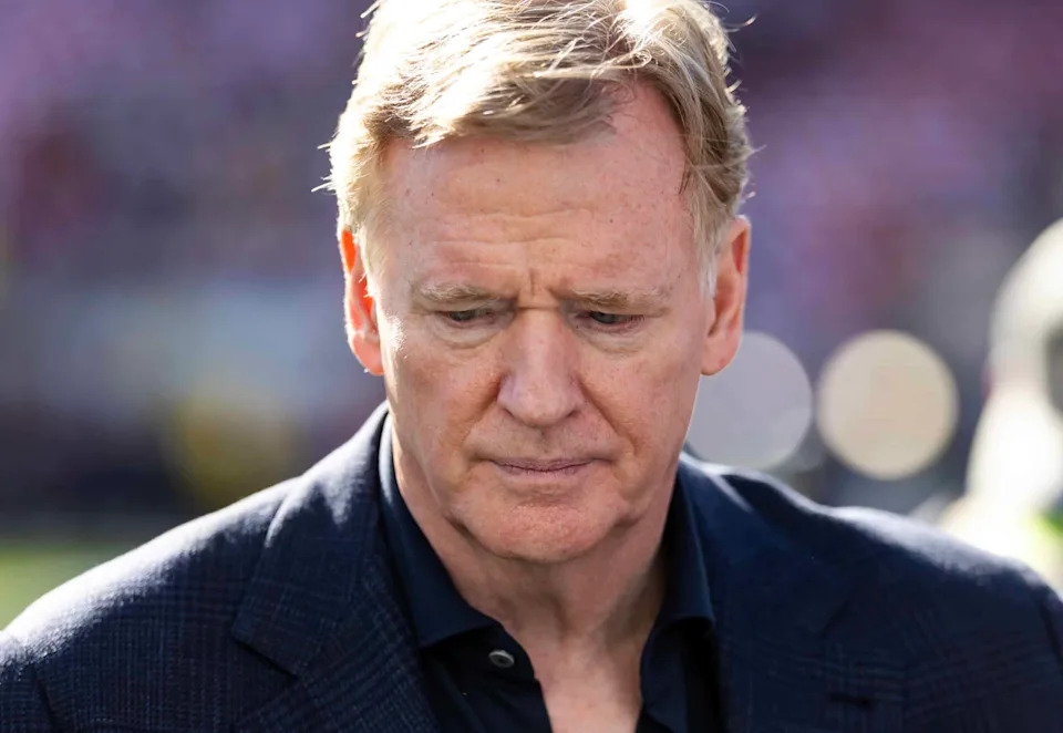 Feb 8, 2026; Santa Clara, CA, USA; NFL commissioner Roger Goodell looks on before Super Bowl LX between the Seattle Seahawks and the New England Patriots at Levi's Stadium. Mandatory Credit: Mark J. Rebilas-Imagn Images