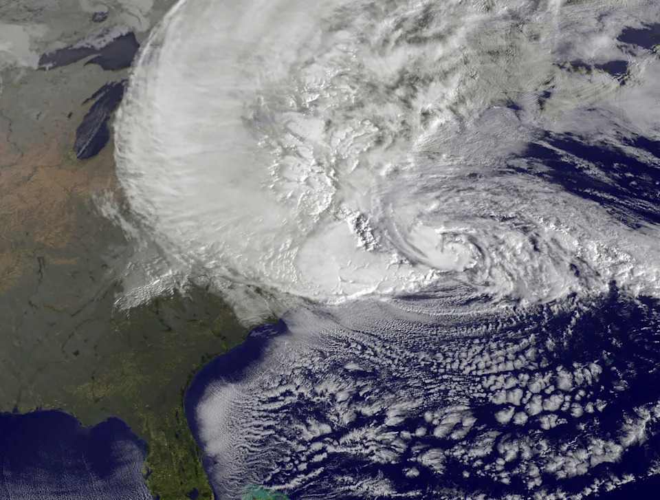 Massive Hurricane Sandy churns off the East Coast on Oct. 29, 2012, in the Atlantic Ocean.