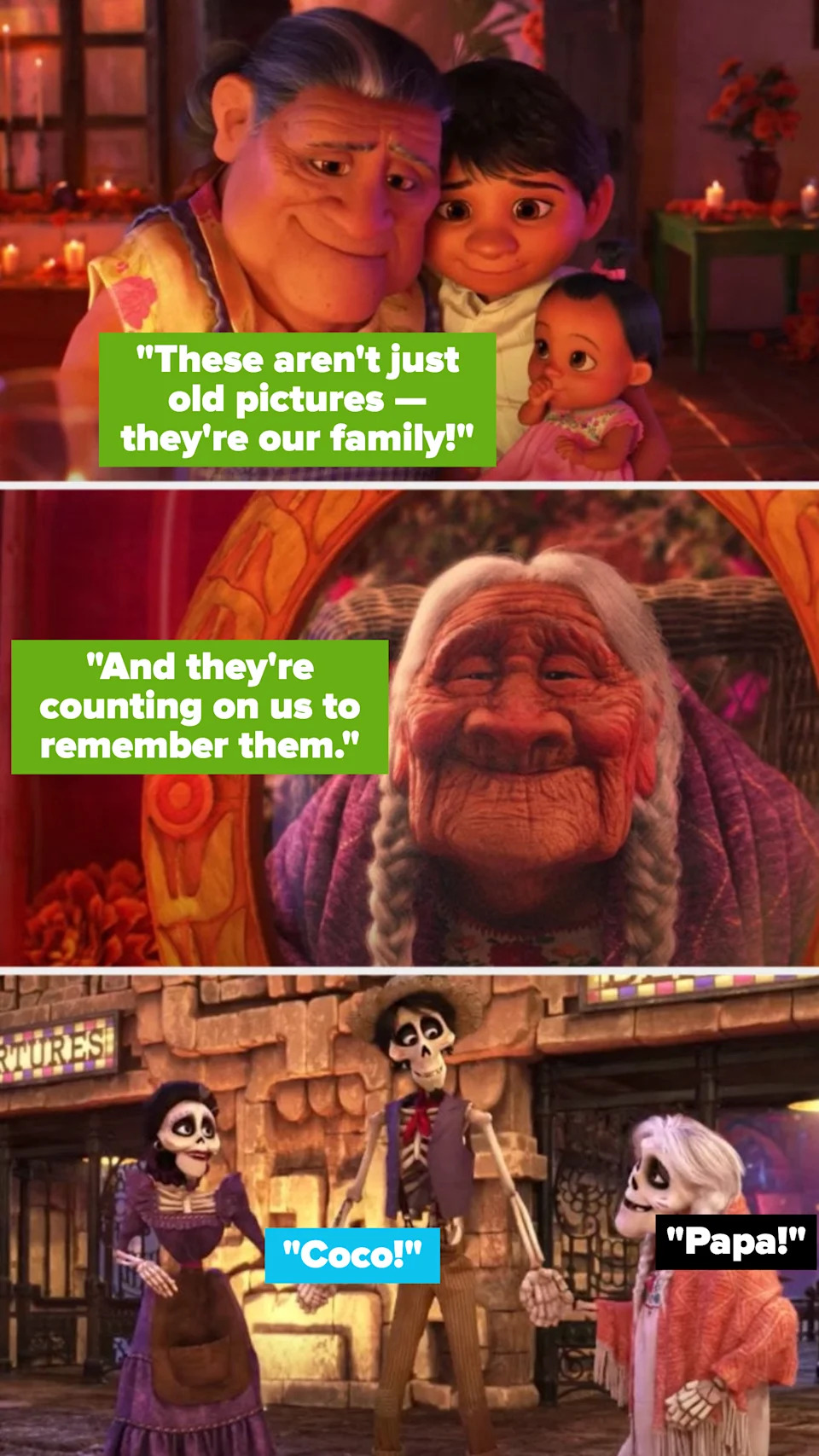 Miguel teaching his younger sister about the importance of family; Coco and Héctor reuniting in heaven