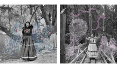 Two women in traditional skirts stand in forested areas with drawn outlines of people and musical instruments overlaid around them