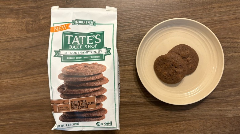 Tate's Bake Shop Gluten Free Double Chocolate Chip Cookie box and gluten free cookies on brown plate