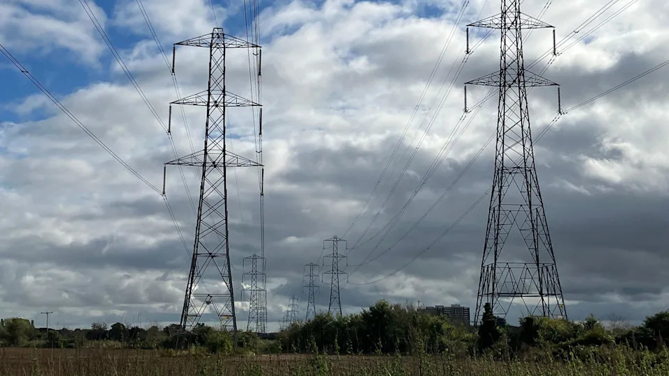 Two rows of pylons pictured against a moderately cloudy sky.