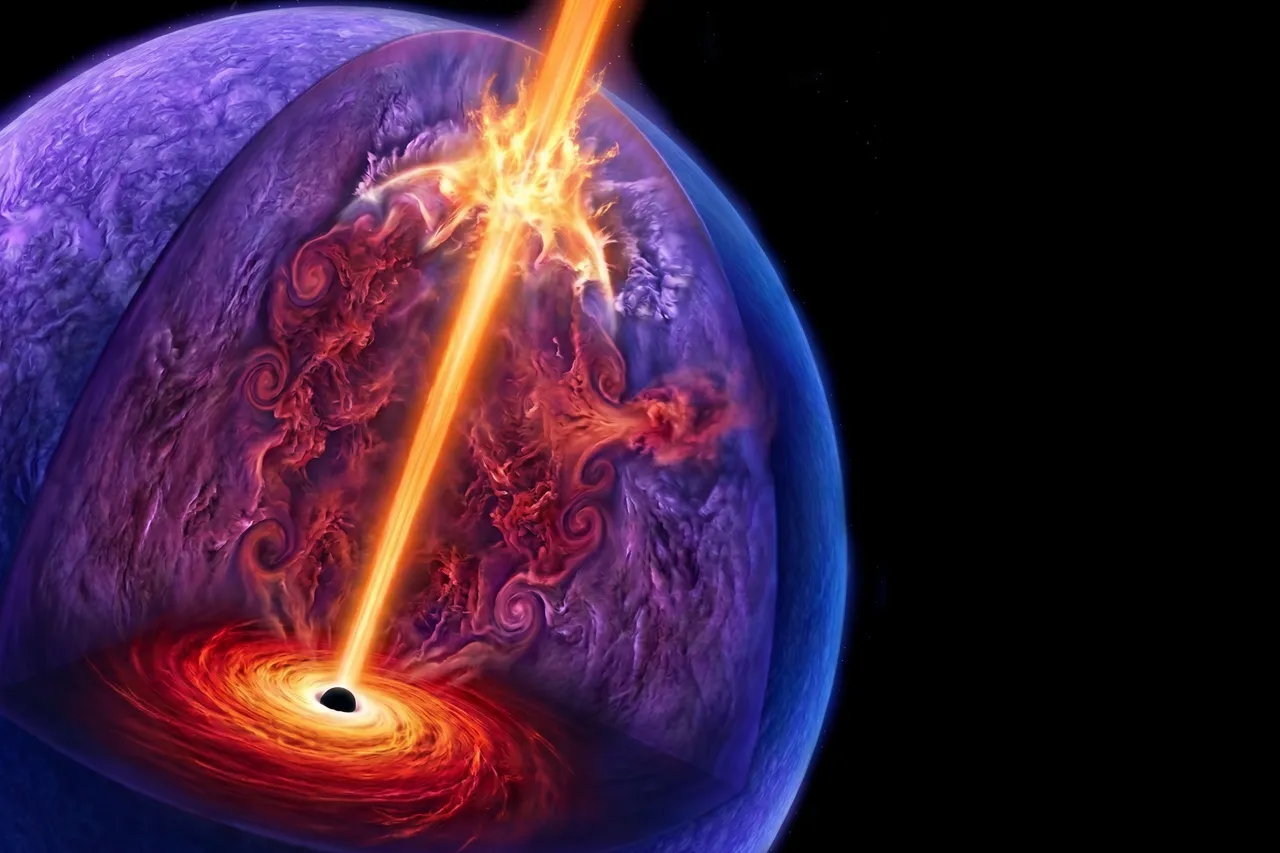 In this AI-generated image, a collapsar produces a gamma-ray burst. Credit: LNAL