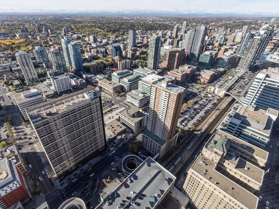 An overhead view of 10th Avenue S.W., where the Green Line LRT is slated to run on elevated rails, seen from the Calgary Tower on October 2, 2025.