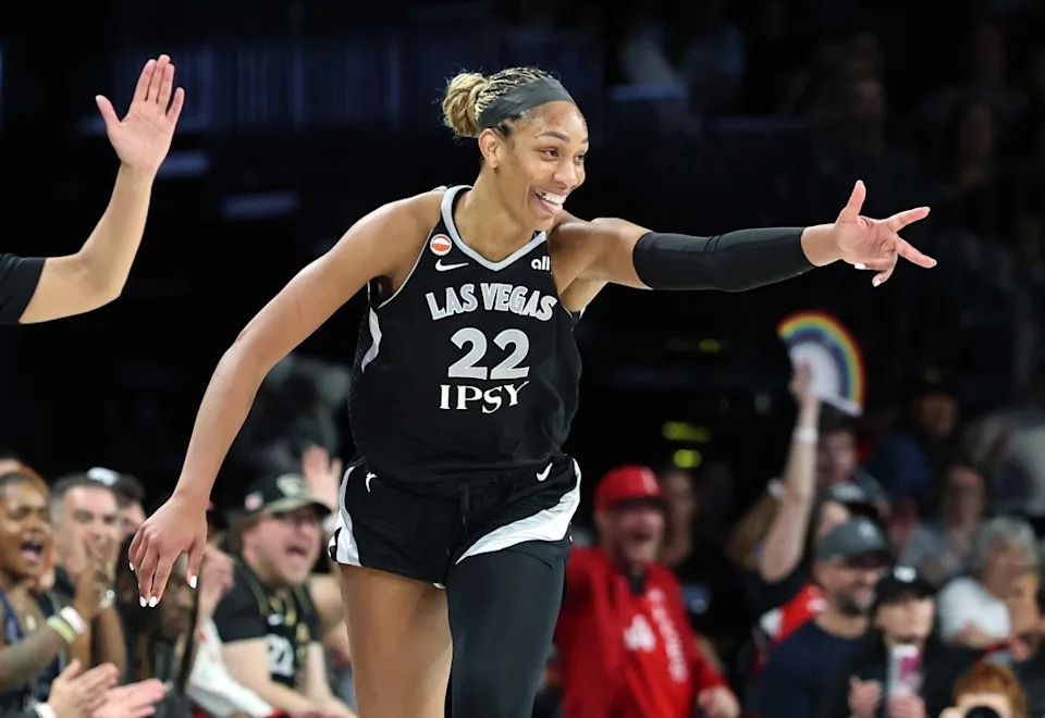 LAS VEGAS, NEVADA – JUNE 08: A’ja Wilson #22 of the <a class="link " href="https://sports.yahoo.com/wnba/teams/las-vegas/" data-i13n="sec:content-canvas;subsec:anchor_text;elm:context_link" data-ylk="slk:Las Vegas Aces;sec:content-canvas;subsec:anchor_text;elm:context_link;itc:0" data-yga="{"yLinkElement":"context_link","yModuleName":"content-canvas","yLinkText":"Las Vegas Aces","ySubModuleName":"anchor_text","yHasCommerce":false}">Las Vegas Aces</a> gestures after hitting a 3-pointer against the Seattle Storm in the third quarter of their game at Michelob ULTRA Arena on June 08, 2026 in Las Vegas, Nevada. The Aces defeated the Storm 101-91. (Photo by Ethan Miller/Getty Images)