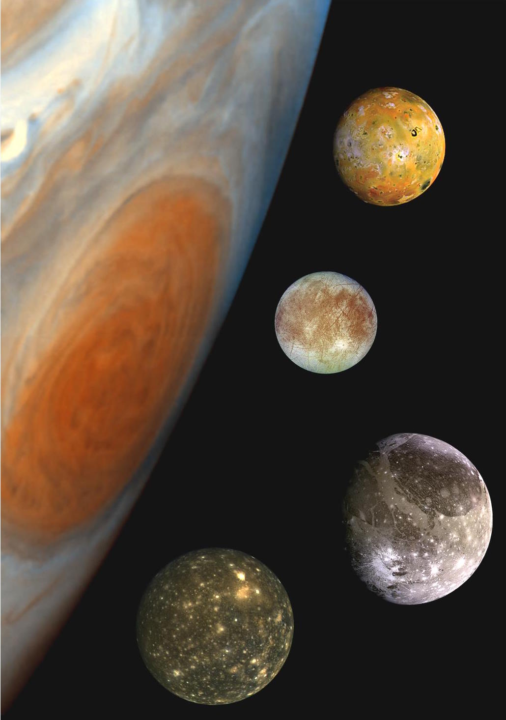 An illustration of the gas giant Jupiter next to four small different colored moons.