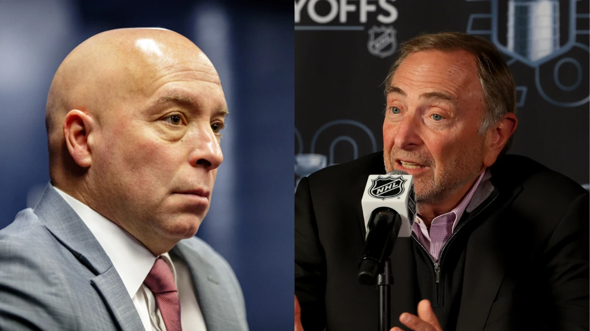 NHL Commissioner Gary Bettman talks to the media prior to a game between the Buffalo Sabres and the Boston Bruins in game two of the first round of the 2026 Stanley Cup Playoffs at KeyBank Center.