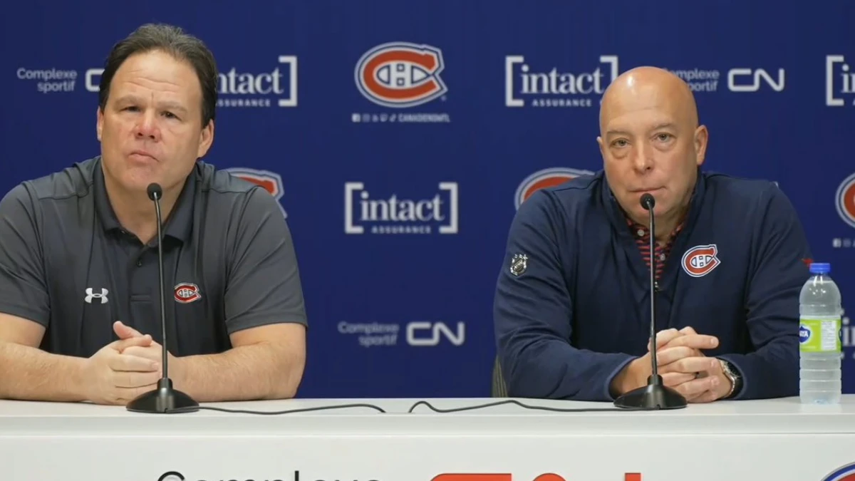 Photo of Montreal Canadiens GM Kent Hughes and Jeff Gorton at press conference.