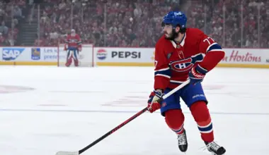 Montreal Canadiens center Kirby Dach (77) skates with the puck against the Carolina Hurricanes during the first period in game four of the Eastern Conference Final of the 2026 Stanley Cup Playoffs at Bell Centre.