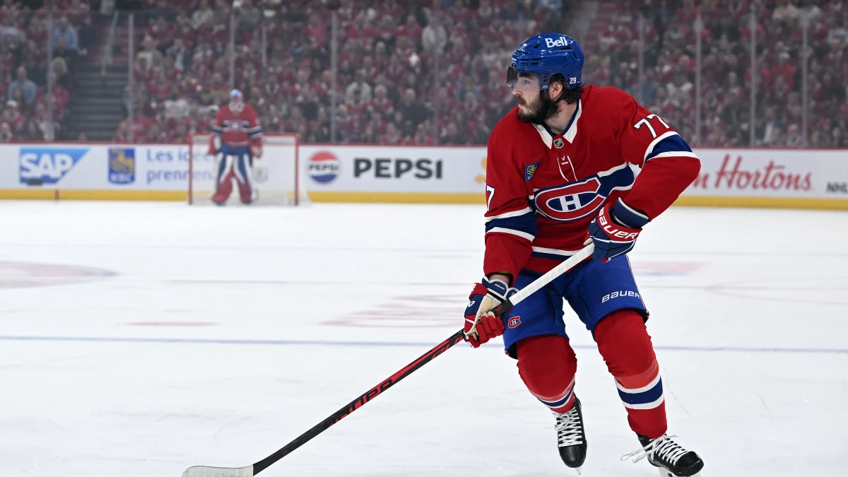 Montreal Canadiens center Kirby Dach (77) skates with the puck against the Carolina Hurricanes during the first period in game four of the Eastern Conference Final of the 2026 Stanley Cup Playoffs at Bell Centre.