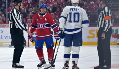 Montreal Canadiens forward Brendan Gallagher (11) and Tampa Bay Lightning forward Corey Perry (10) exchange words during the third period in game six of the first round of the 2026 Stanley Cup Playoffs at the Bell Centre.