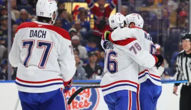 Montr&eacute;al Canadiens right wing Zachary Bolduc (76) celebrates his goal with teammates during the first period against the Buffalo Sabres in game seven of the second round of the 2026 Stanley Cup Playoffs at KeyBank Center.