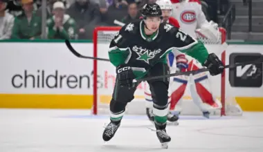 Dallas Stars left wing Jason Robertson (21) skates against the Montreal Canadiens during the game between the Stars and the Canadiens at the American Airlines Center.