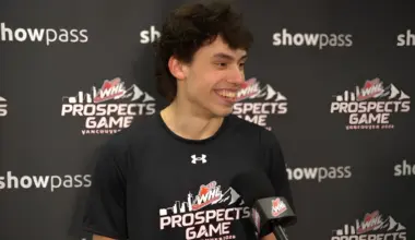 Markus Ruck, a 2026 NHL Draft prospect, speaks with the media during an interview.