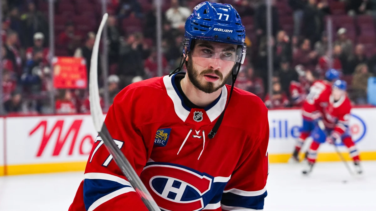 Montreal Canadiens center Kirby Dach (77) looks on during warm-up before the game against the Dallas Stars at Bell Centre.