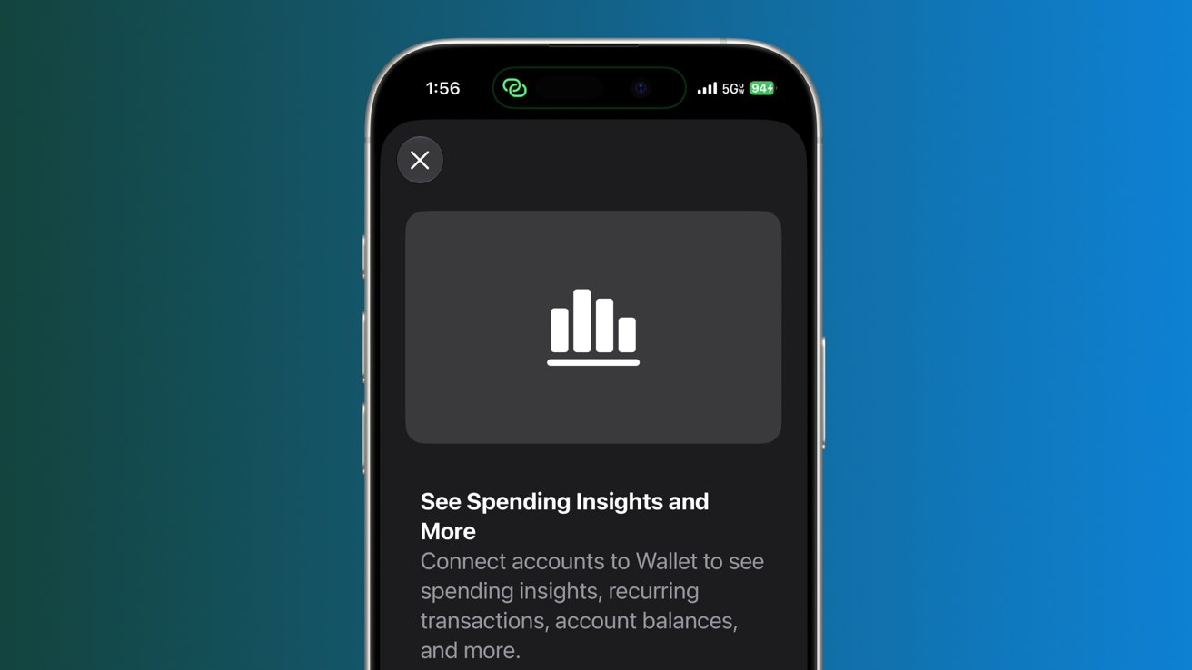 Smartphone screen showing a financial app with a bar chart icon and text promoting spending insights, recurring transactions, and account balance tracking, against a blue-to-green gradient background