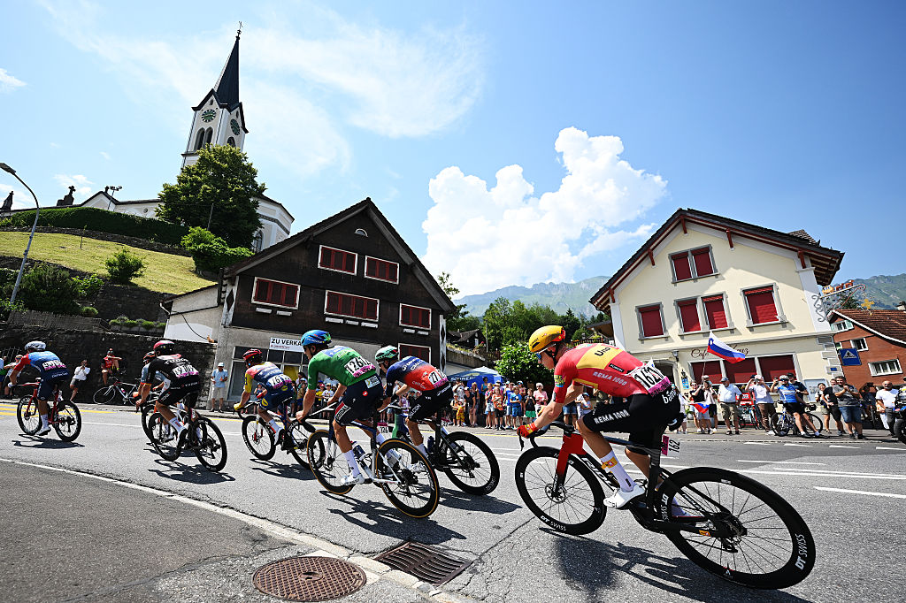 BAD RAGAZ, SWITZERLAND - JUNE 19: (L-R) Louis Vervaecke of Belgium and Team Soudal Quick-Step - Green Mountain Jersey, Sander De Pestel of Belgium and Team Decathlon CMA CGM and Simon Dalby of Denmark and Team Uno-X Mobility compete in the breakaway during the 89th Tour de Suisse 2026, Stage 3 a 157.4km stage from Bad Ragaz to Bad Ragaz / #UCIWT / on June 19, 2026 in Bad Ragaz, Switzerland. (Photo by Tim de Waele/Getty Images)