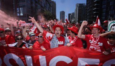 ‘History in the making!’: Vancouver breaks out the red and white to celebrate Canada’s first-ever win at World Cup