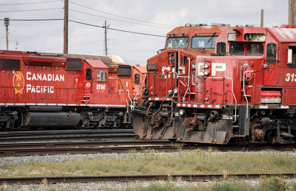 Locomotives sit idol at the CPKC railyard in Calgary, Alta., Thursday, Aug. 22, 2024. A union representing close to 300 signals workers with Canadian Pacific Kansas City Ltd. says its members are on strike. THE CANADIAN PRESS/Jeff McIntosh