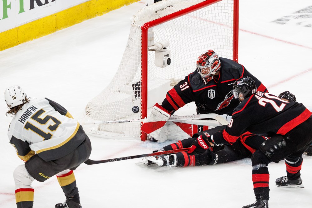 BEN MCKEOWN / THE ASSOCIATE PRESS FILES
Carolina Hurricanes' goaltender Frederik Andersen (31) reaches for a puck during Game 1 of the NHL hockey Stanley Cup Final series in Raleigh, N.C., earlier this month.