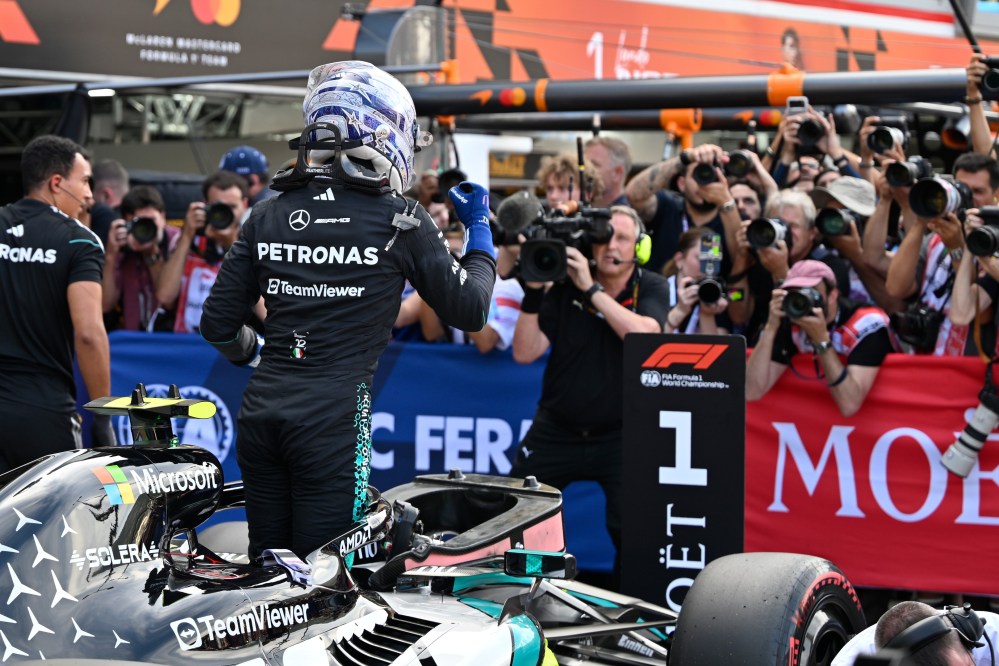 Mercedes driver Andrea Kimi Antonelli of Italy celebrates after setting the pole position during the qualifying session for the Monaco F1 Grand Prix, at the Monaco racetrack, Saturday, June 6, 2026. (AP Photo/Philippe Magoni)