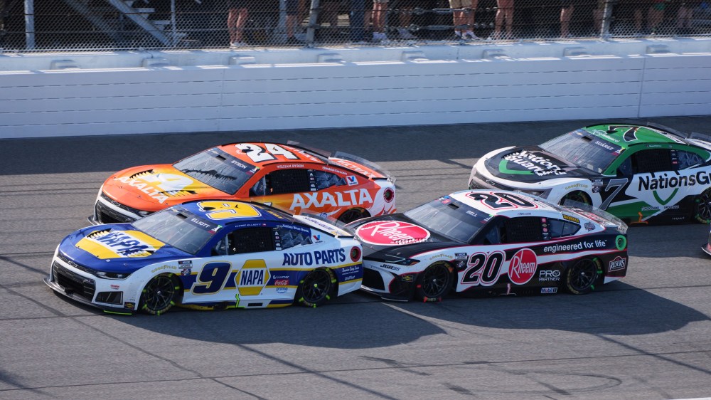 Chase Elliott (9), William Byron (24), Christopher Bell (20) and Daniel Suarez (7) battle for position during a NASCAR Cup Series auto race at Michigan International Speedway in Brooklyn, Mich., Sunday, June 7, 2026. (AP Photo/Paul Sancya)