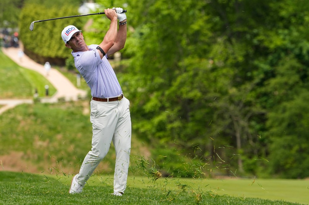 Billy Horschel hits from the first fairway during the second round of the PGA Championship golf tournament at Aronimink Golf Club, Friday, May 15, 2026, in Newtown Square, PA. (AP Photo/Carolyn Kaster)