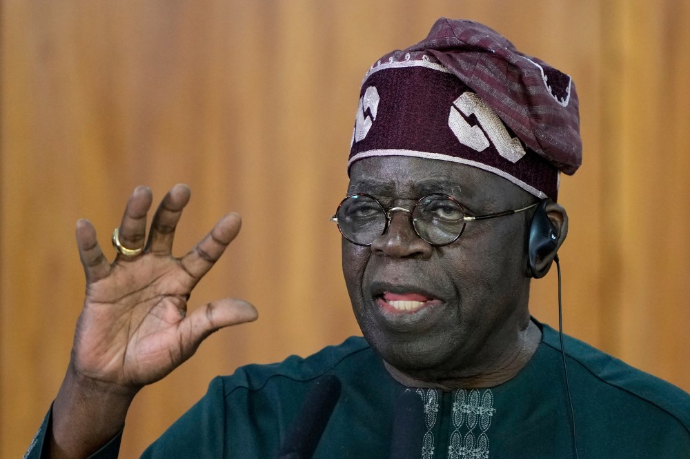 FILE - Nigeria's President Bola Tinubu gives a joint statement with Brazil's President Luiz Inacio Lula da Silva, at the Planalto presidential palace, in Brasilia, Brazil, Monday, Aug. 25, 2025. (AP Photo/Eraldo Peres, file)