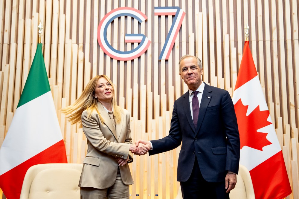 Prime Minister Mark Carney meets with Italian Prime Minister Giorgia Meloni during the G7 summit in Evian-les-Bains, France, on Tuesday, June 16, 2026. THE CANADIAN PRESS/Christopher Katsarov