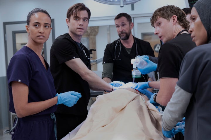 Alexandra Metz, Patrick Ball, Noah Wyle, Gerran Howell and Amielynn Abellera in "The Pitt."